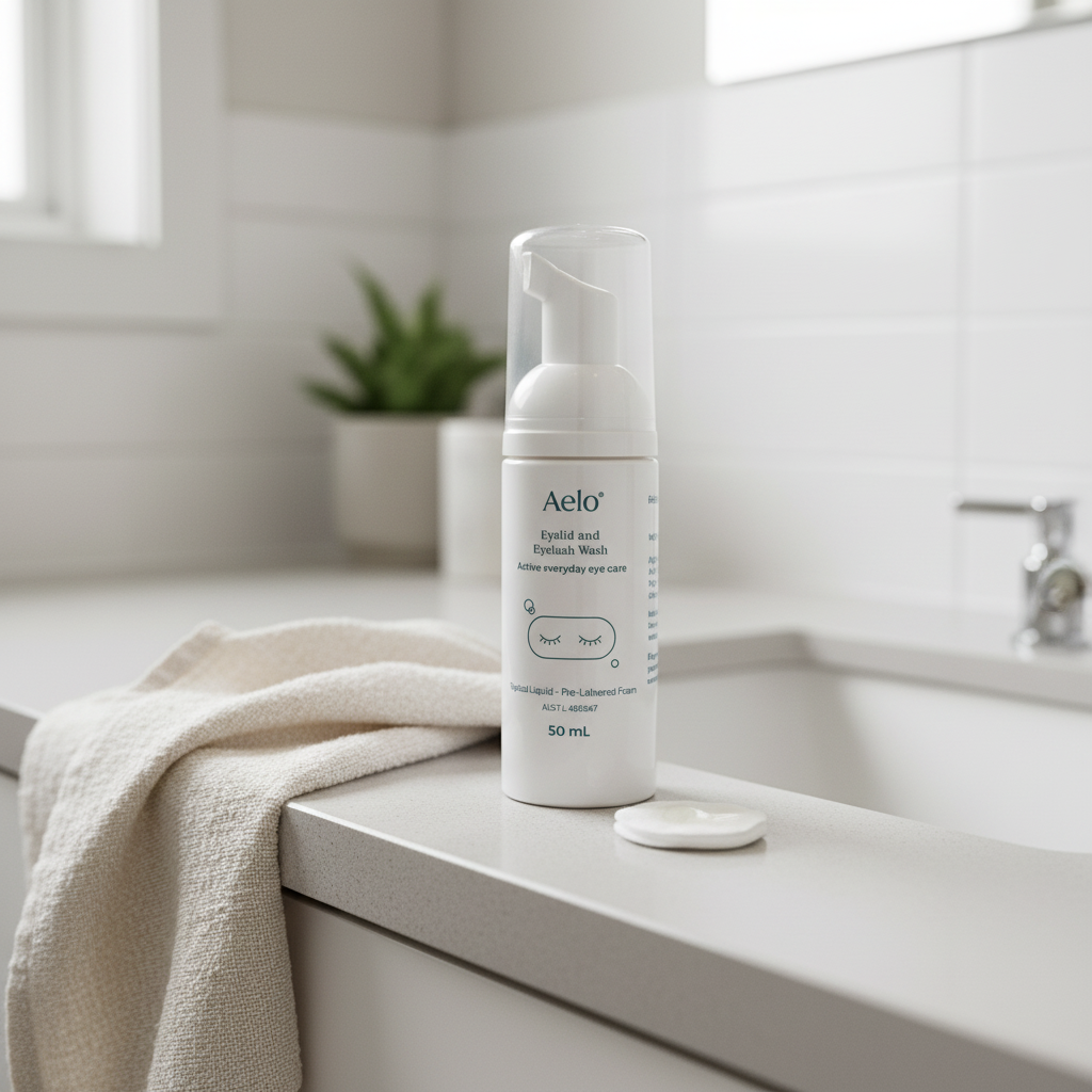 Aelo Eyelid & Eyelash Wash pump bottle on a bathroom bench beside a towel and cotton pad