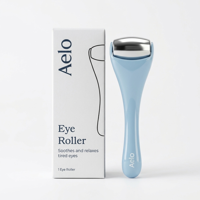 The Aelo Cooling Eye Roller standing beside its box